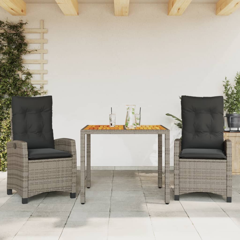 3 Piece Garden Dining Set with Cushions Grey Poly Rattan