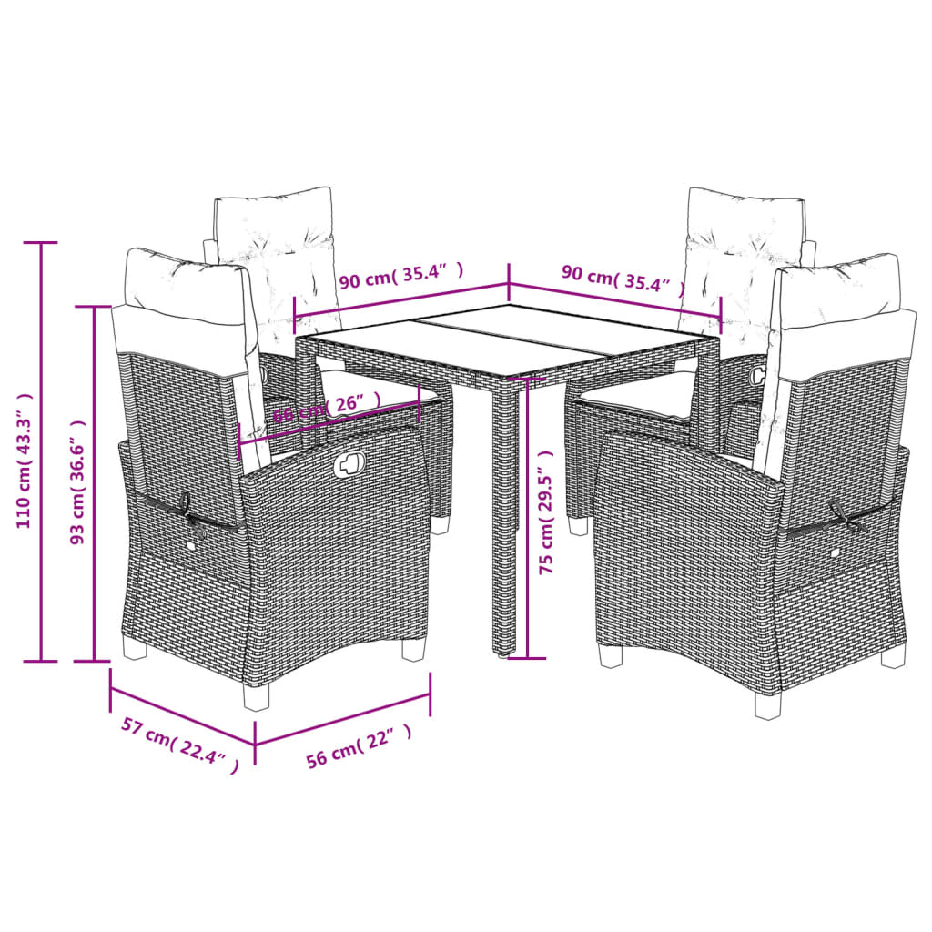 5 Piece Garden Dining Set with Cushions Grey Poly Rattan