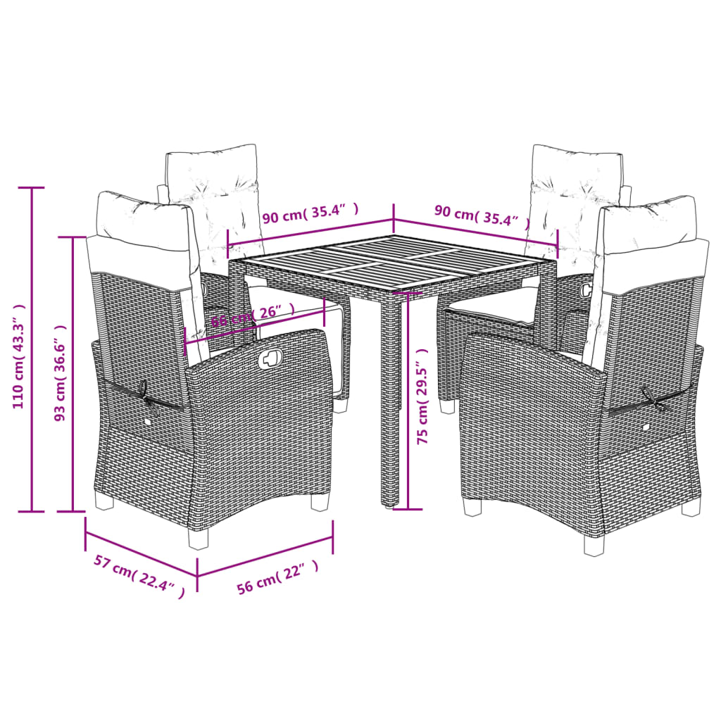 5 Piece Garden Dining Set with Cushions Grey Poly Rattan