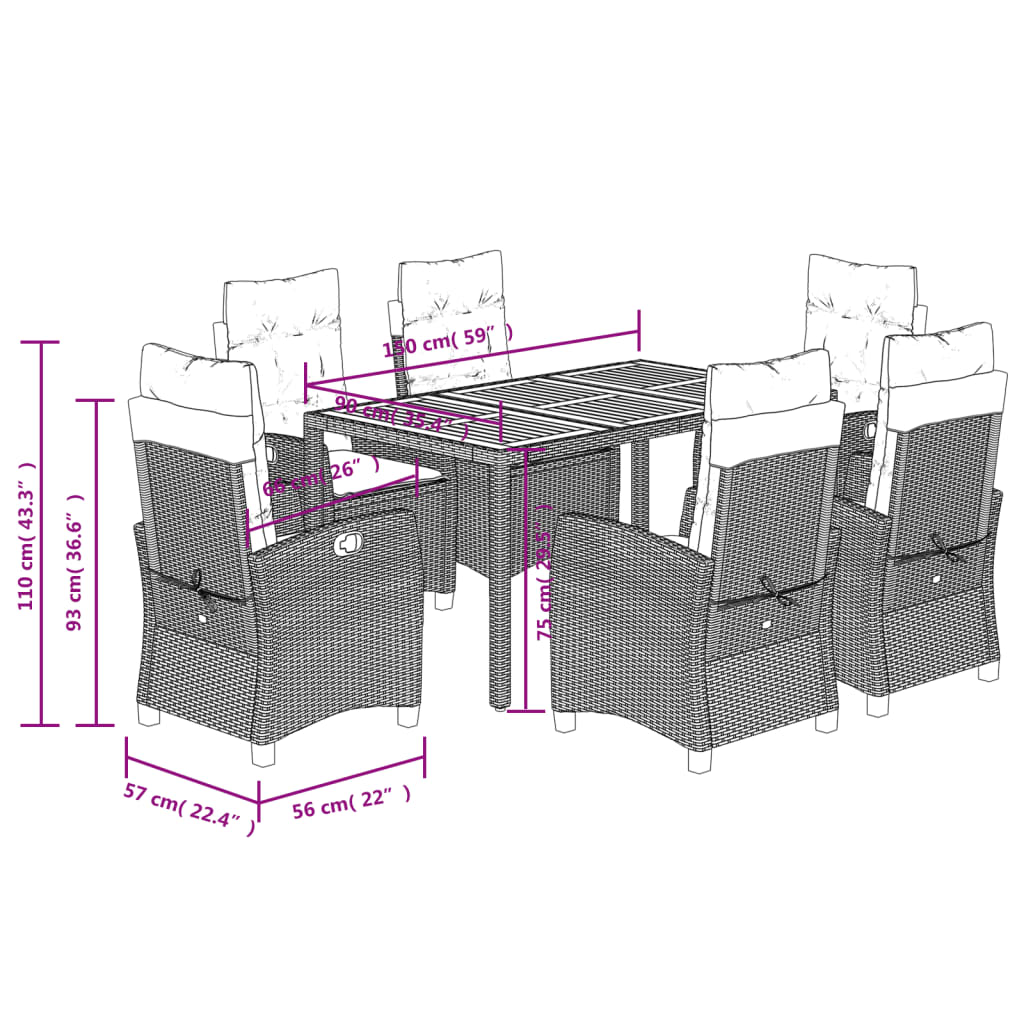 7 Piece Garden Dining Set with Cushions Grey Poly Rattan