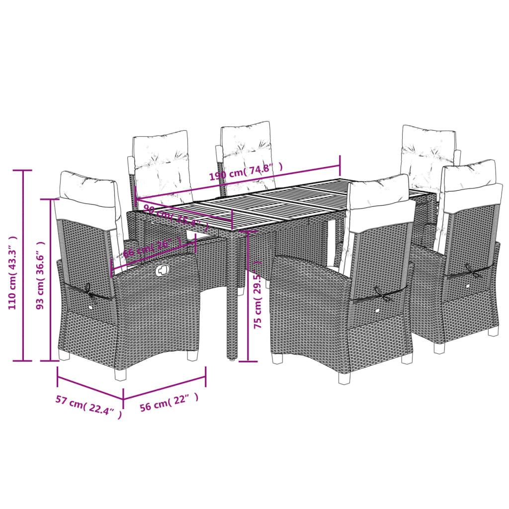 7 Piece Garden Dining Set with Cushions Grey Poly Rattan