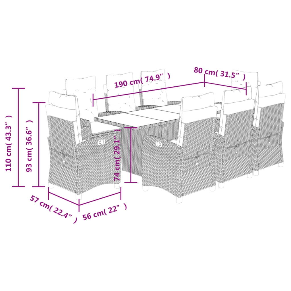 9 Piece Garden Dining Set with Cushions Black Poly Rattan