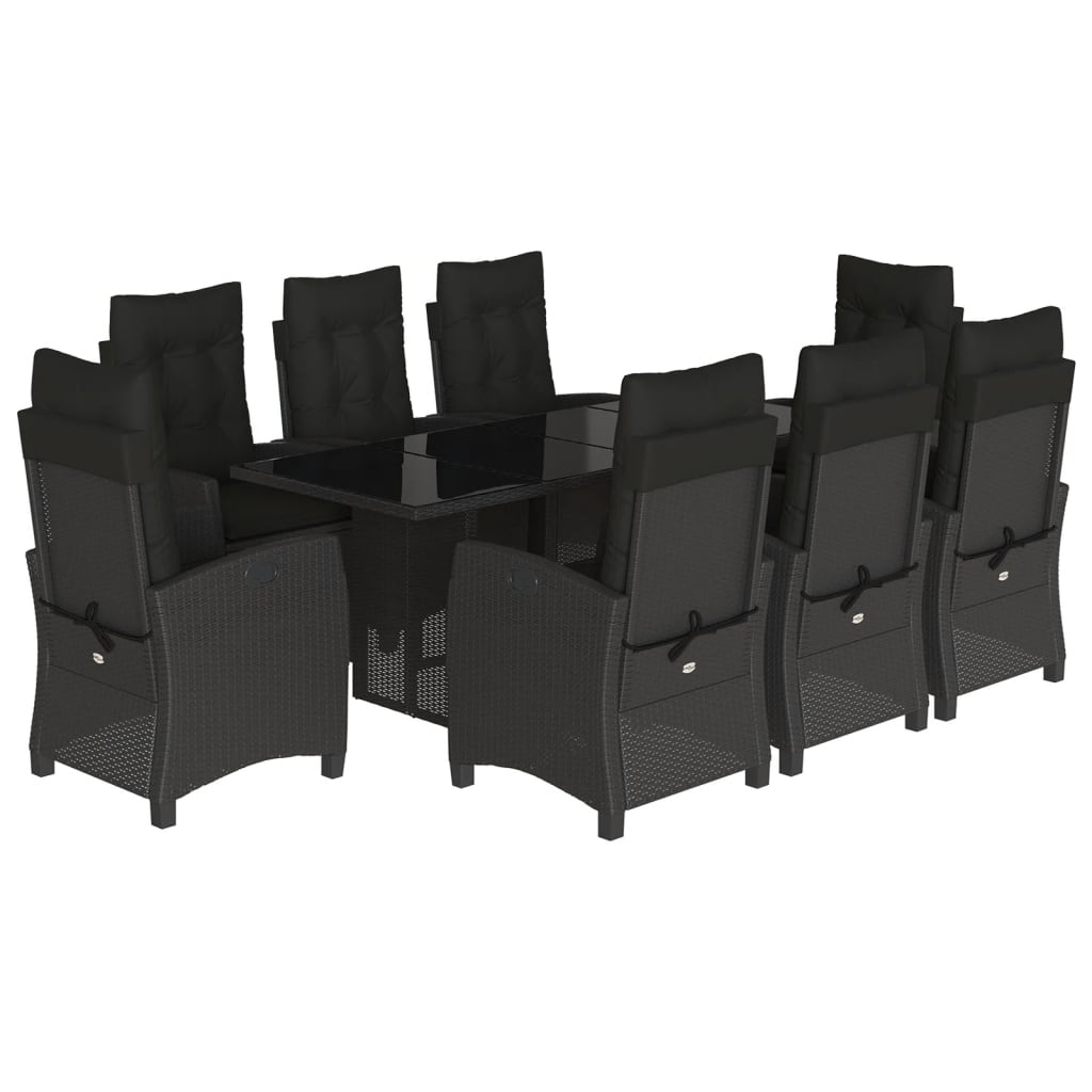 9 Piece Garden Dining Set with Cushions Black Poly Rattan