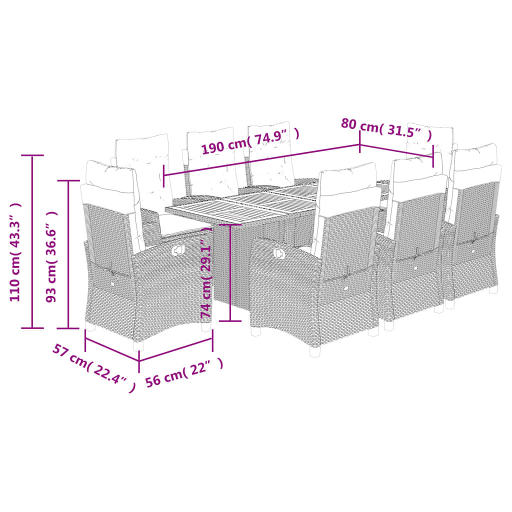 9 Piece Garden Dining Set with Cushions Black Poly Rattan