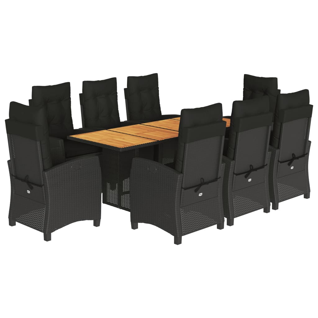 9 Piece Garden Dining Set with Cushions Black Poly Rattan