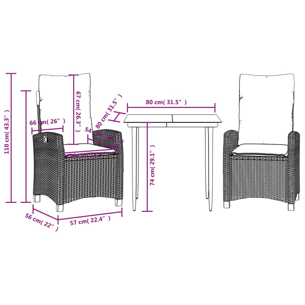 3 Piece Garden Dining Set with Cushions Black Poly Rattan