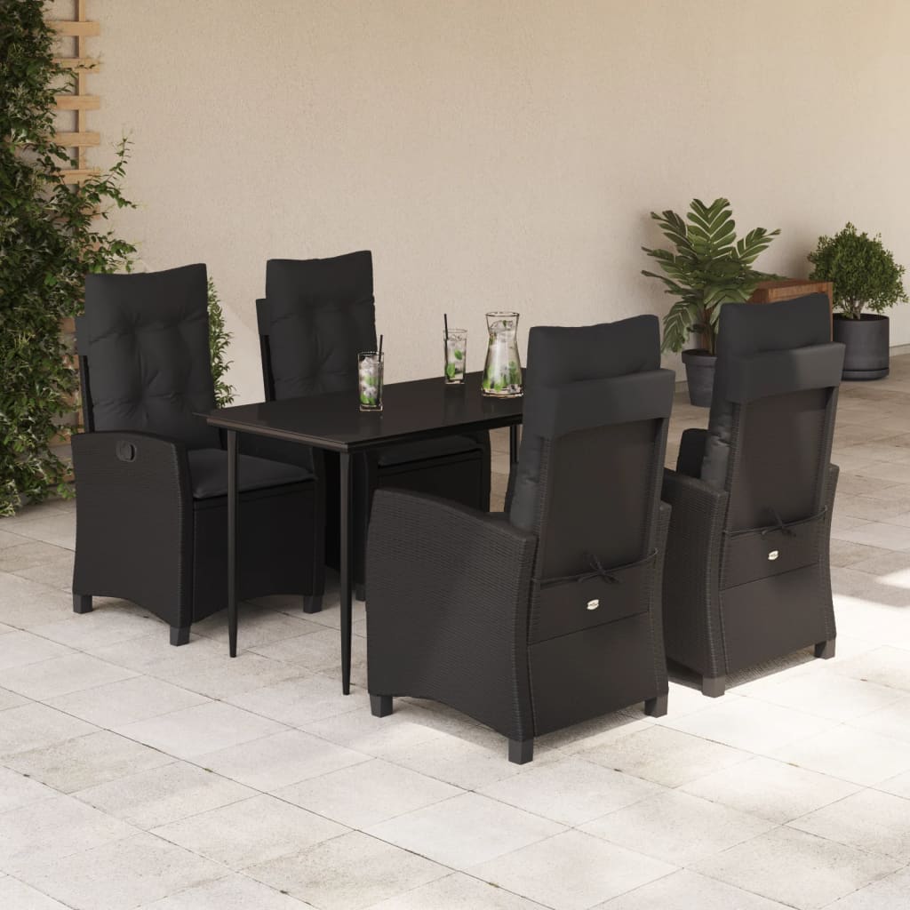 5 Piece Garden Dining Set with Cushions Black Poly Rattan