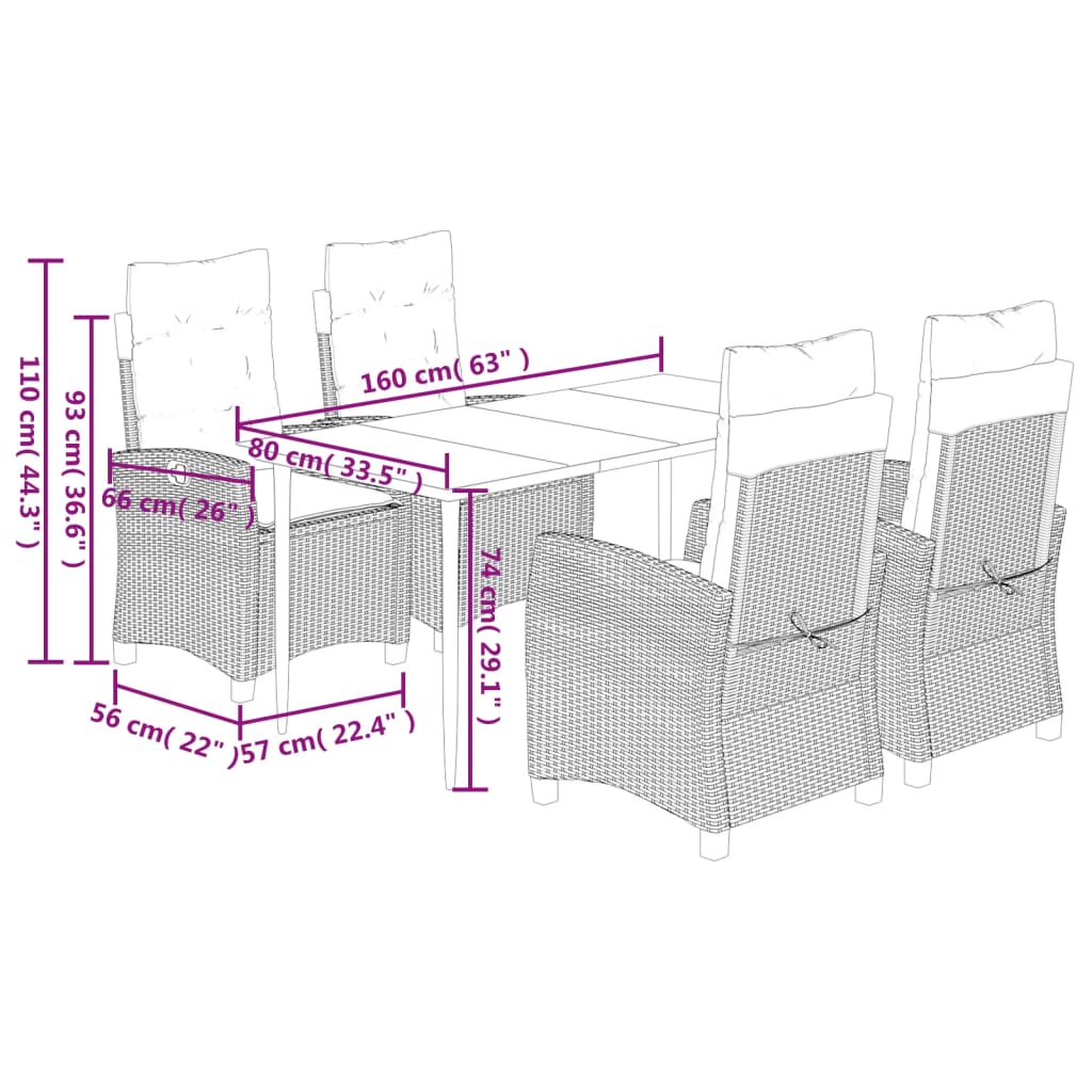 5 Piece Garden Dining Set with Cushions Black Poly Rattan