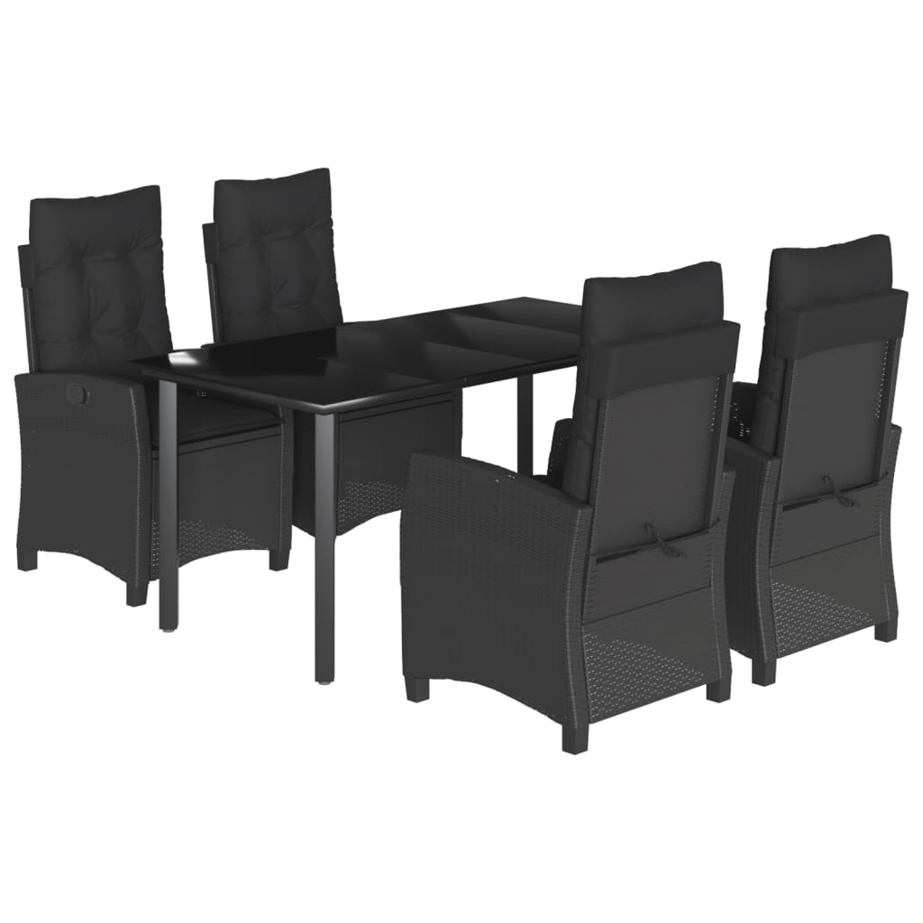 5 Piece Garden Dining Set with Cushions Black Poly Rattan