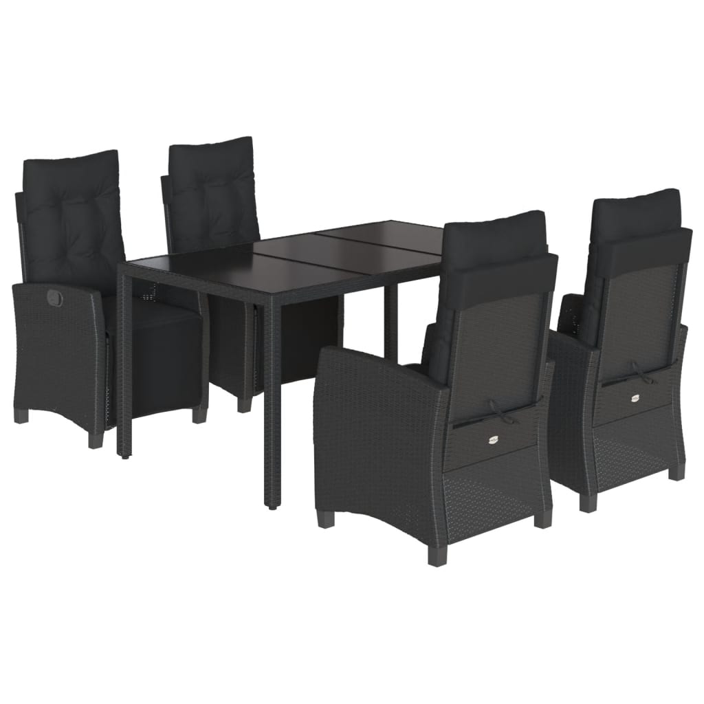 5 Piece Garden Dining Set with Cushions Black Poly Rattan