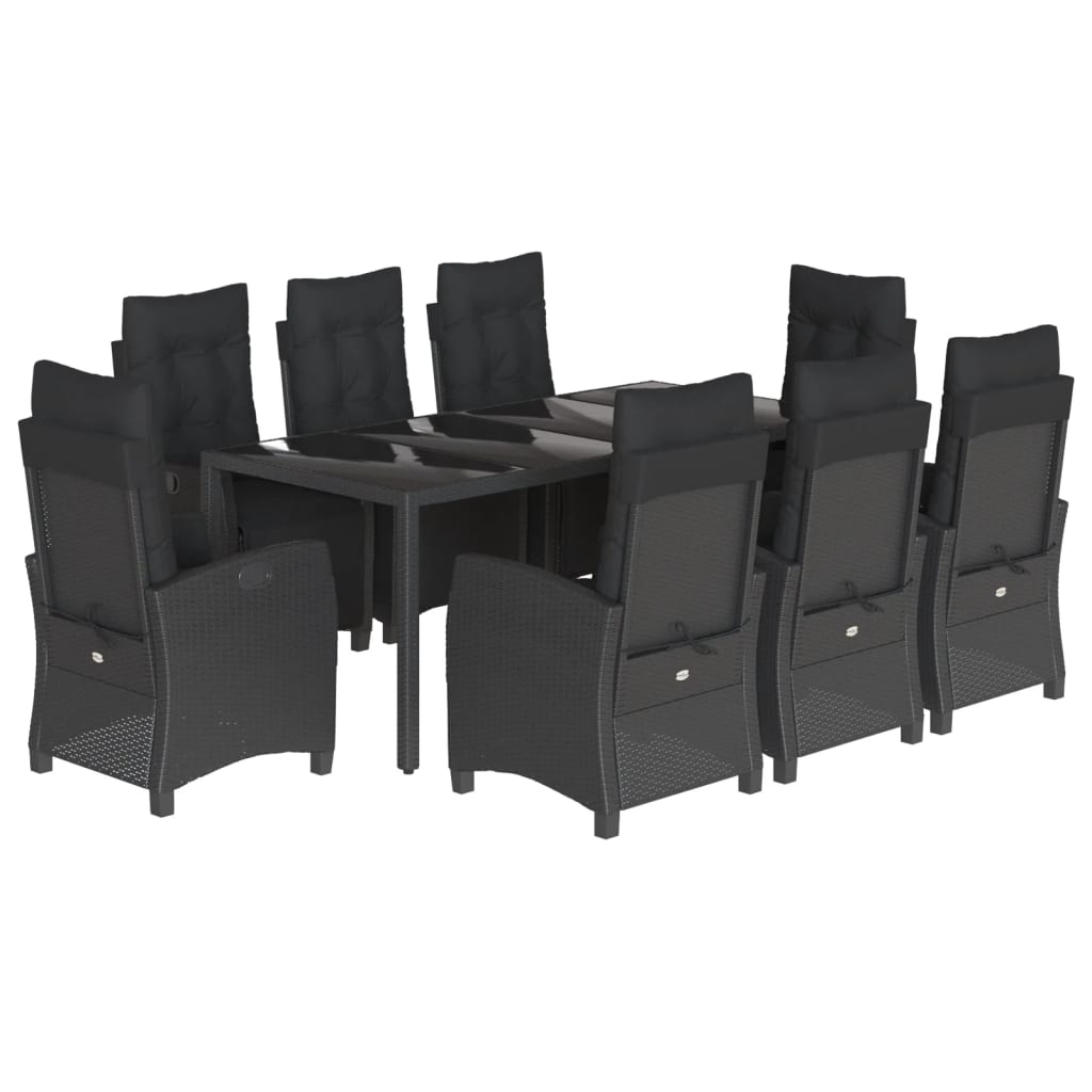 9 Piece Garden Dining Set with Cushions Black Poly Rattan