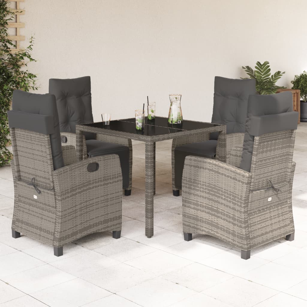 5 Piece Garden Dining Set with Cushions Grey Poly Rattan