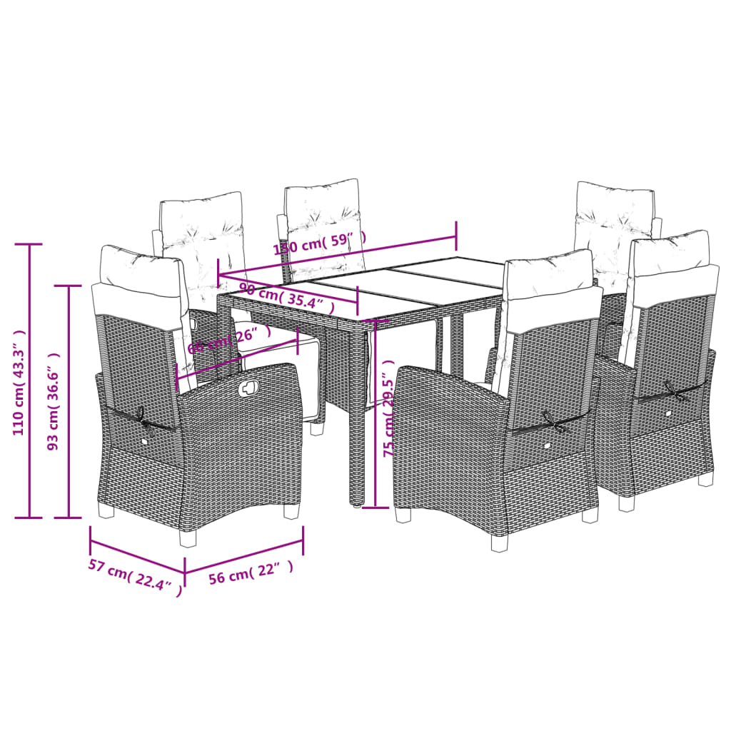 7 Piece Garden Dining Set with Cushions Grey Poly Rattan