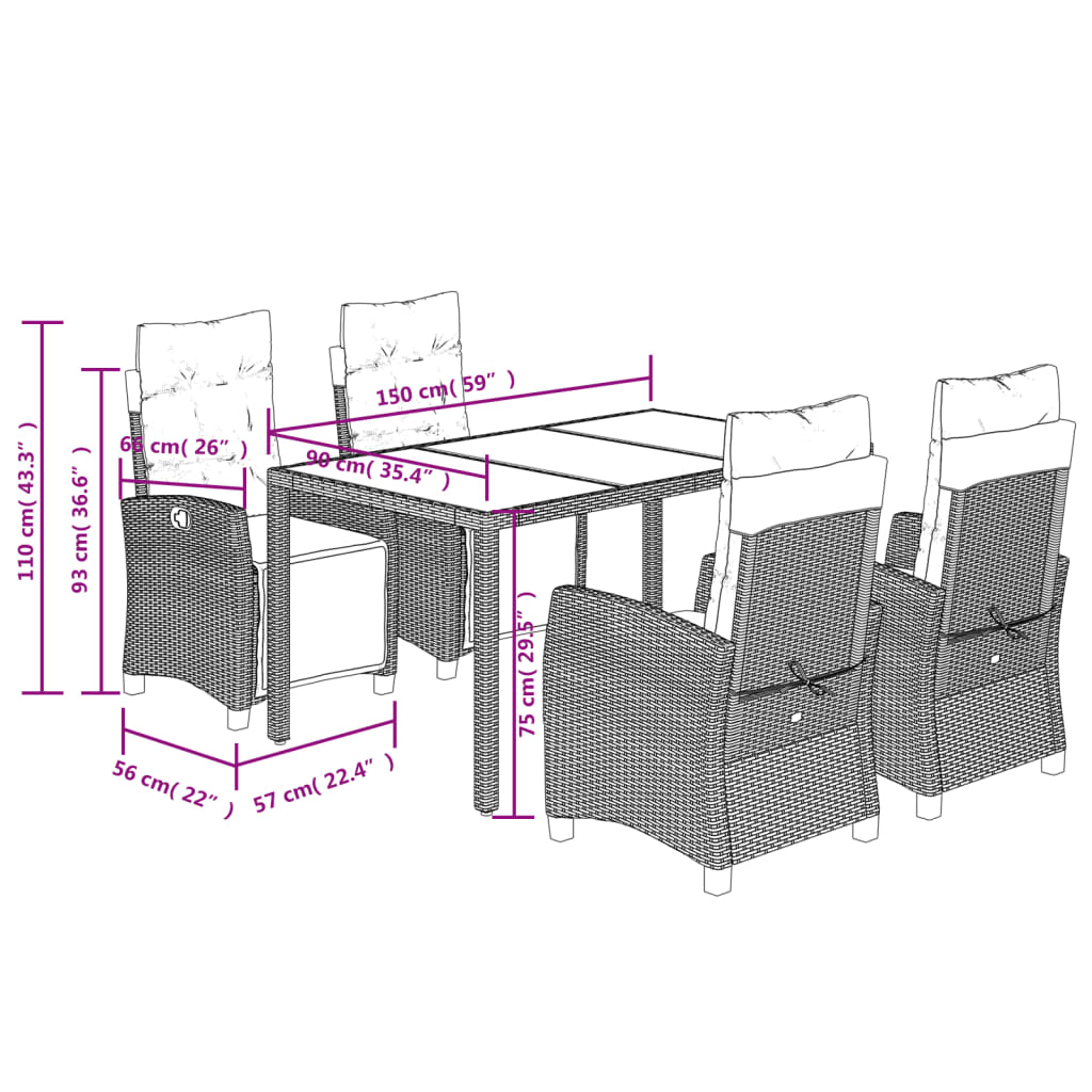 5 Piece Garden Dining Set with Cushions Black Poly Rattan