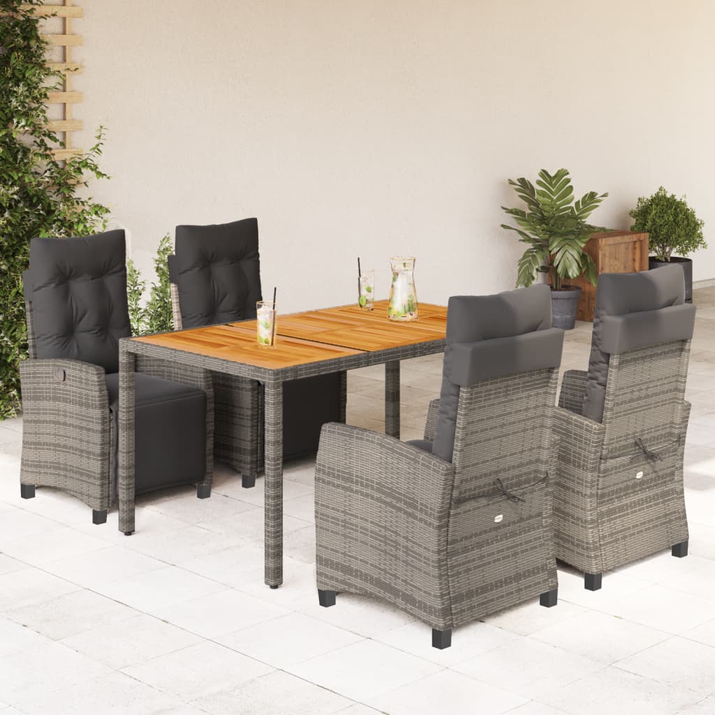 5 Piece Garden Dining Set with Cushions Grey Poly Rattan