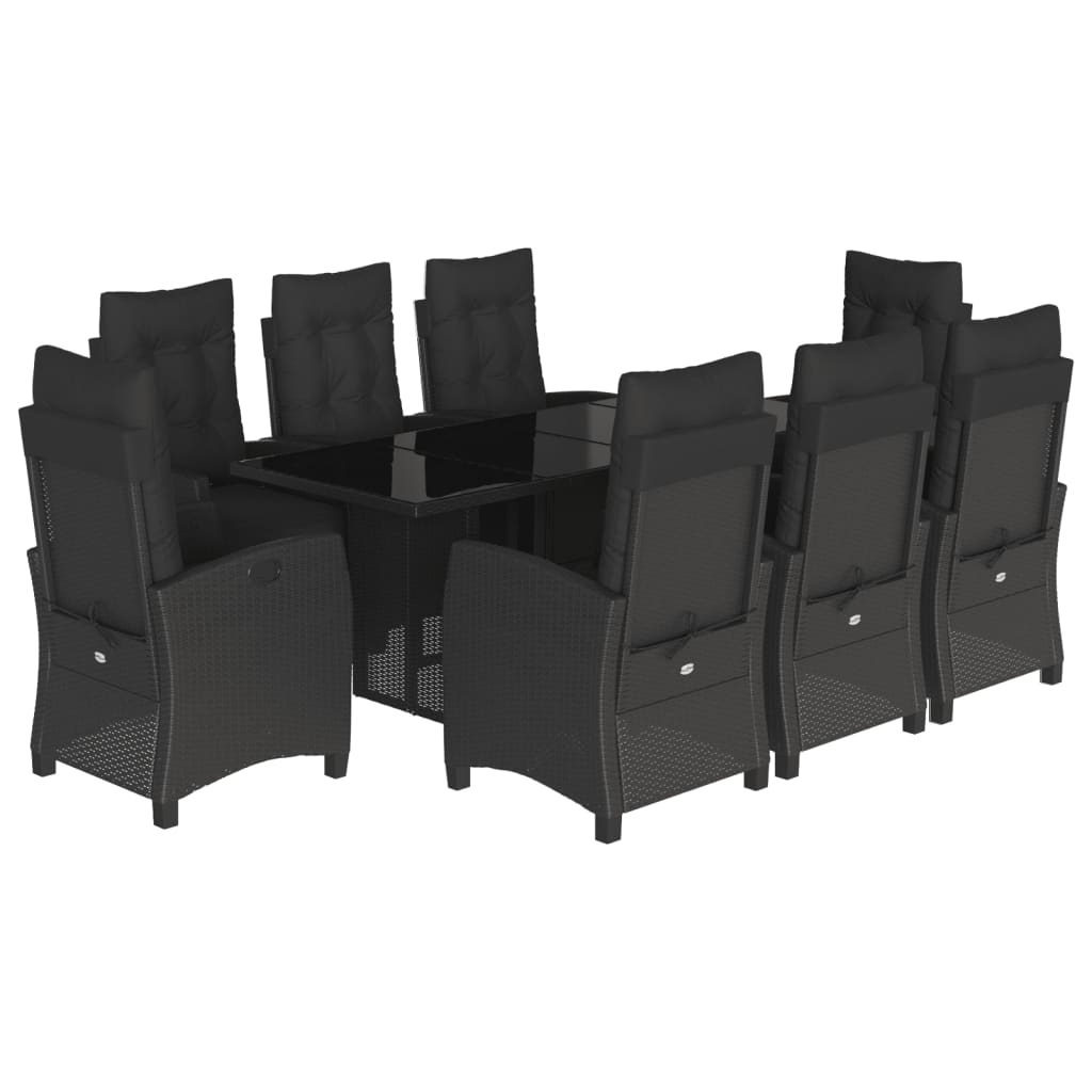 9 Piece Garden Dining Set with Cushions Black Poly Rattan
