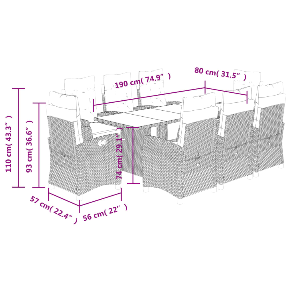 9 Piece Garden Dining Set with Cushions Grey Poly Rattan