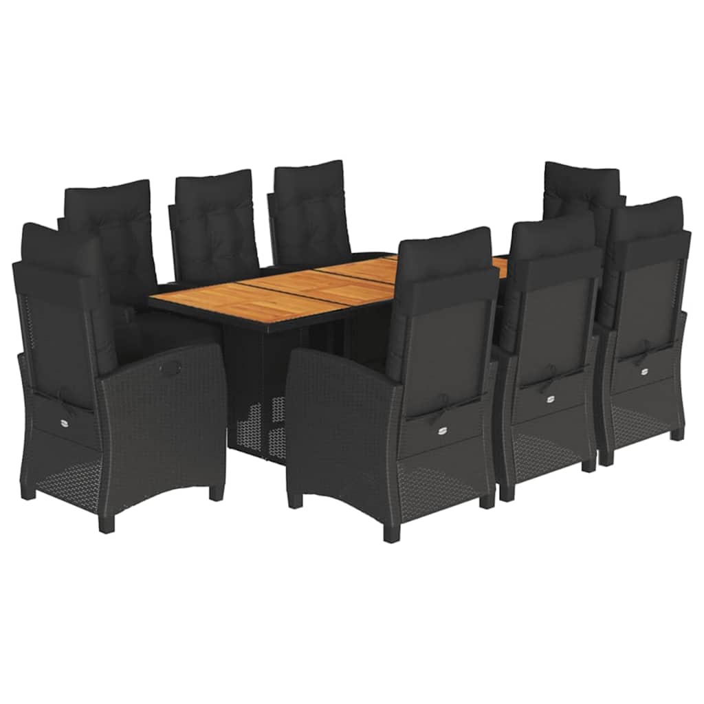 9 Piece Garden Dining Set with Cushions Black Poly Rattan