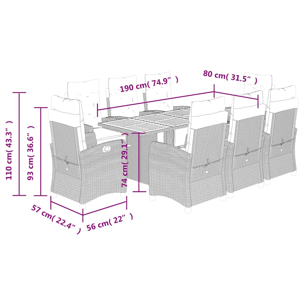9 Piece Garden Dining Set with Cushions Black Poly Rattan