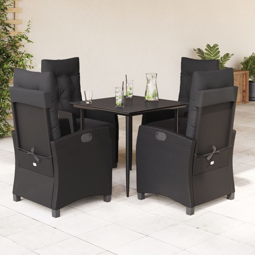 5 Piece Garden Dining Set with Cushions Black Poly Rattan