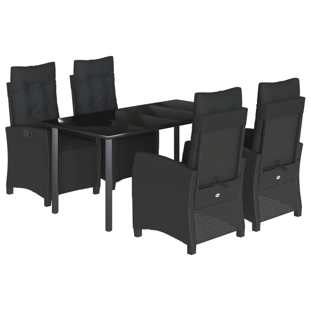 5 Piece Garden Dining Set with Cushions Black Poly Rattan