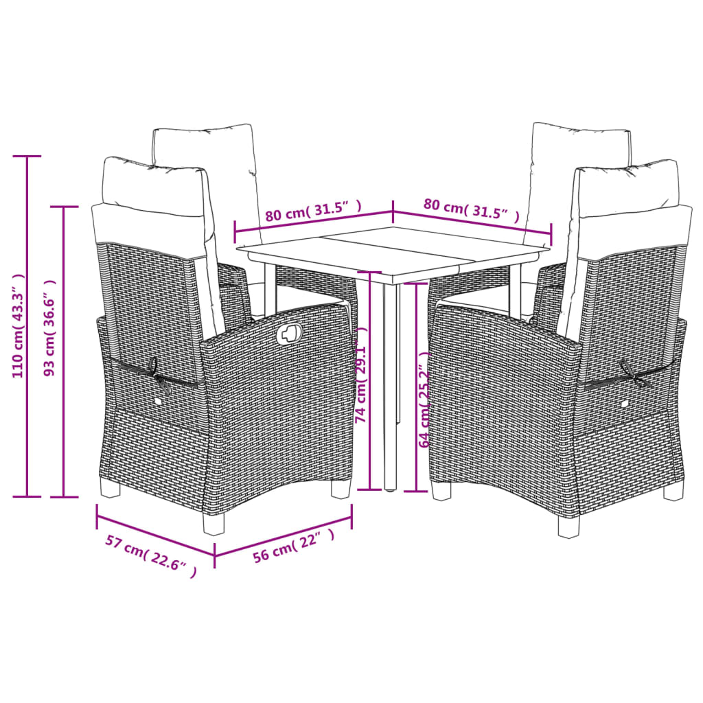 5 Piece Garden Dining Set with Cushions Grey Poly Rattan