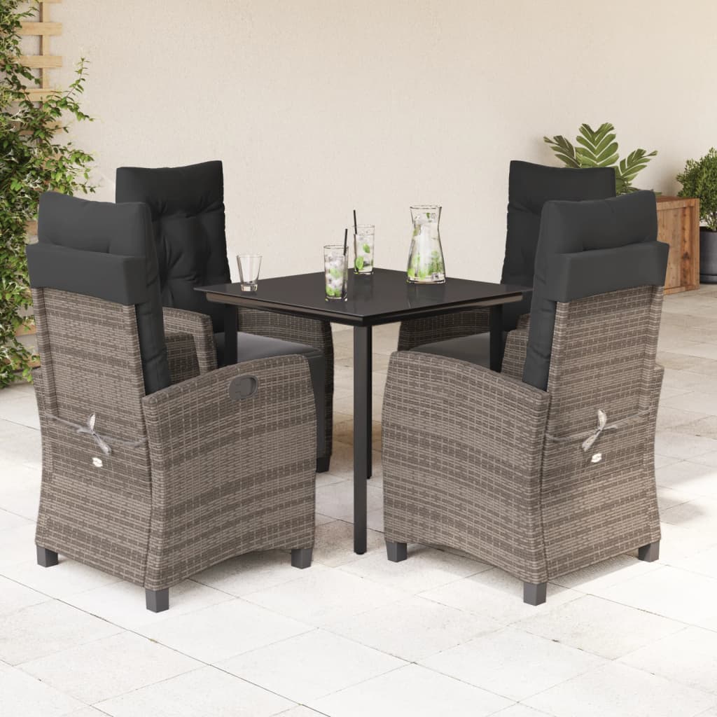 5 Piece Garden Dining Set with Cushions Grey Poly Rattan