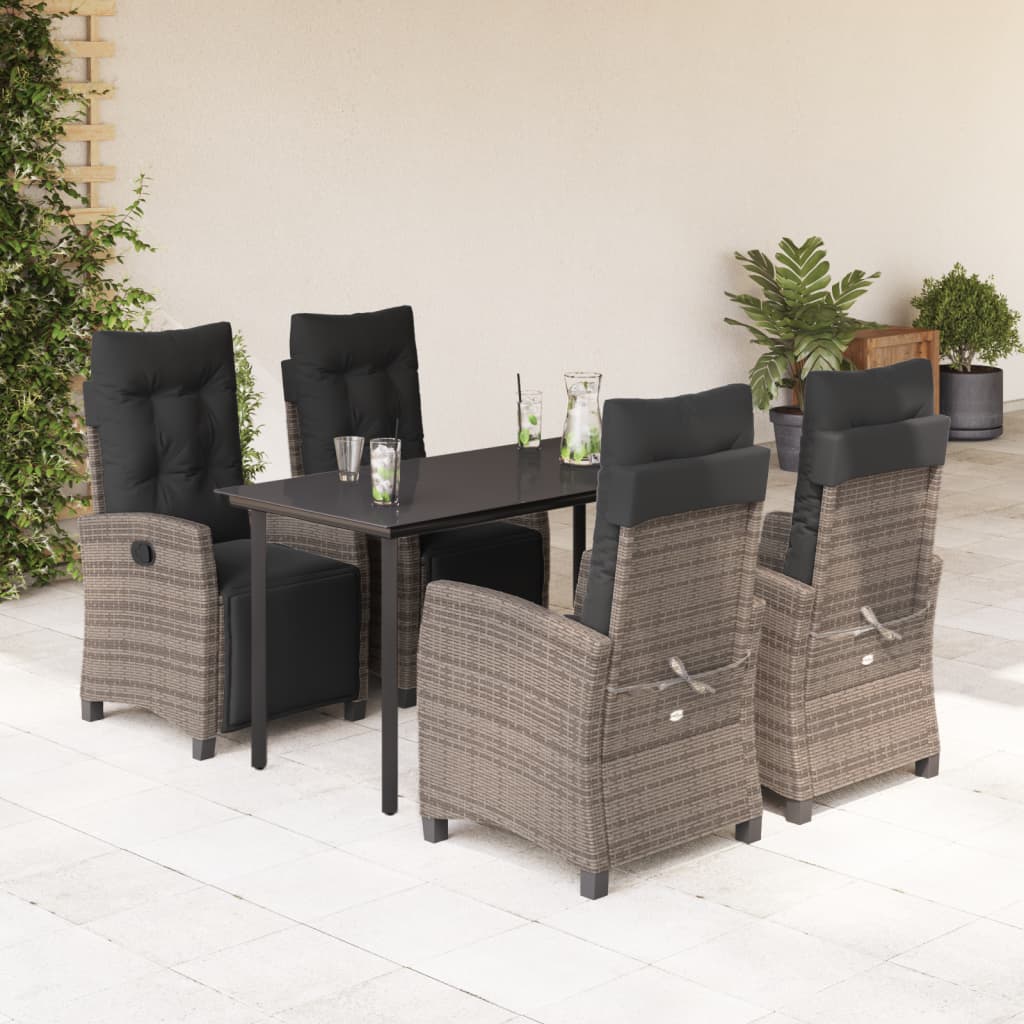 5 Piece Garden Dining Set with Cushions Grey Poly Rattan