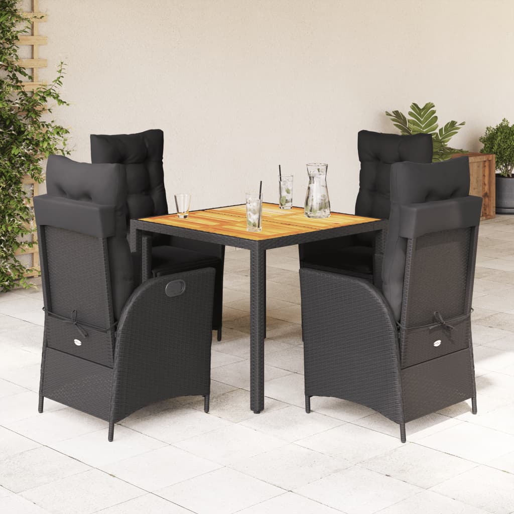 5 Piece Garden Dining Set with Cushions Black Poly Rattan