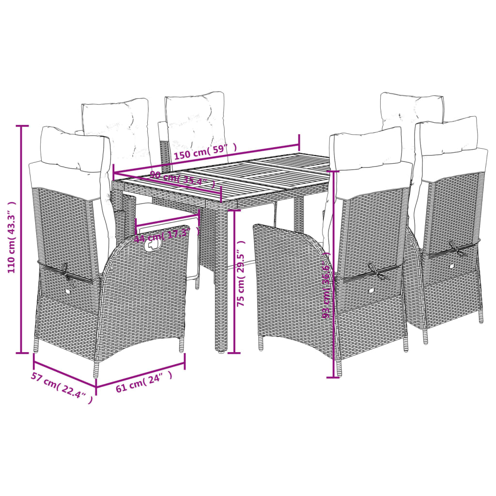 7 Piece Garden Dining Set with Cushions Grey Poly Rattan