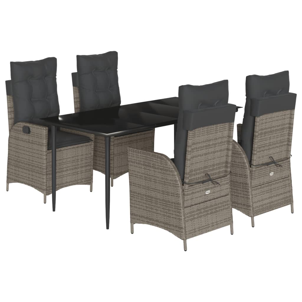 5 Piece Garden Dining Set with Cushions Grey Poly Rattan