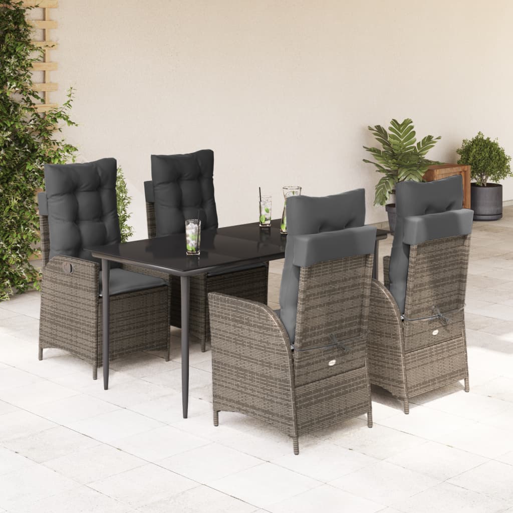 5 Piece Garden Dining Set with Cushions Grey Poly Rattan
