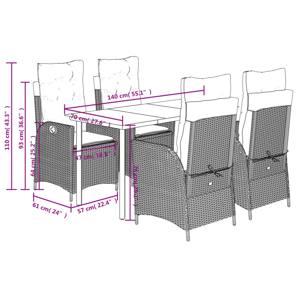 5 Piece Garden Dining Set with Cushions Grey Poly Rattan