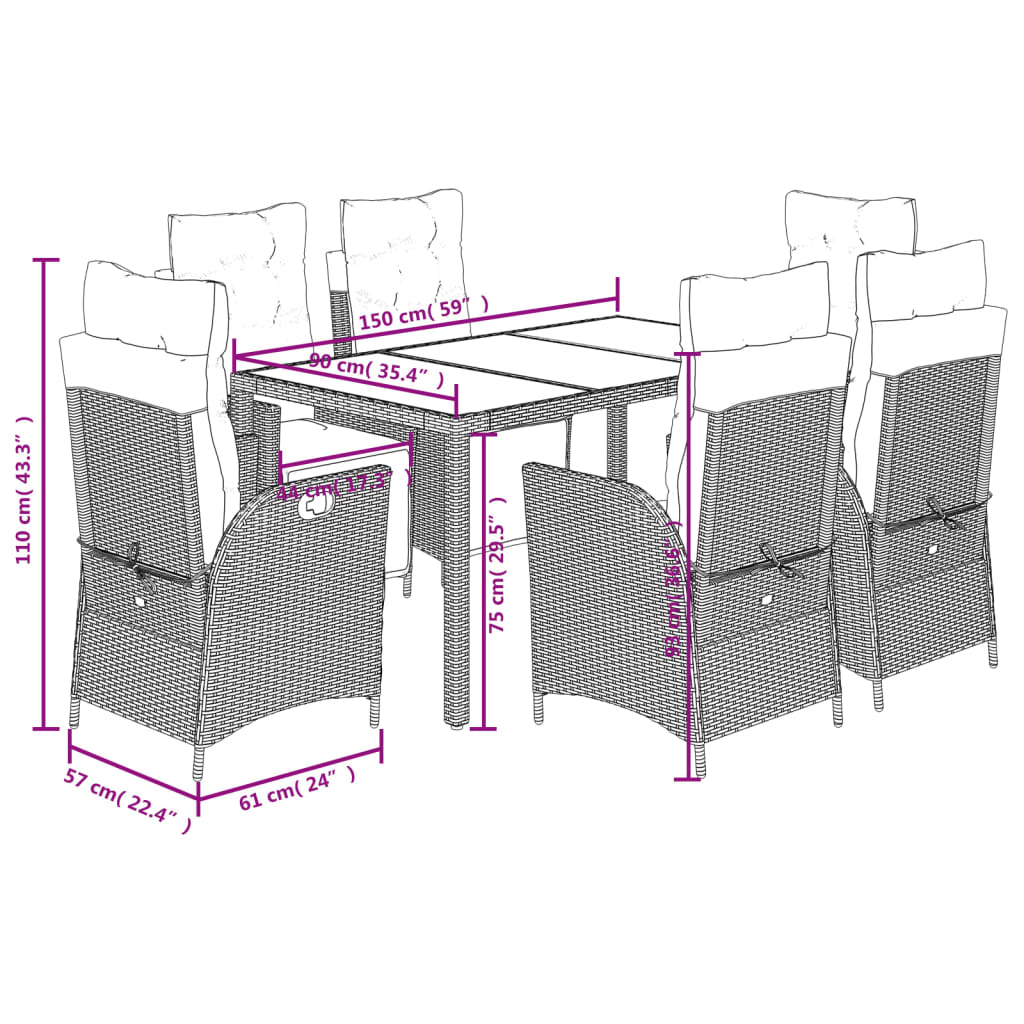 7 Piece Garden Dining Set with Cushions Grey Poly Rattan