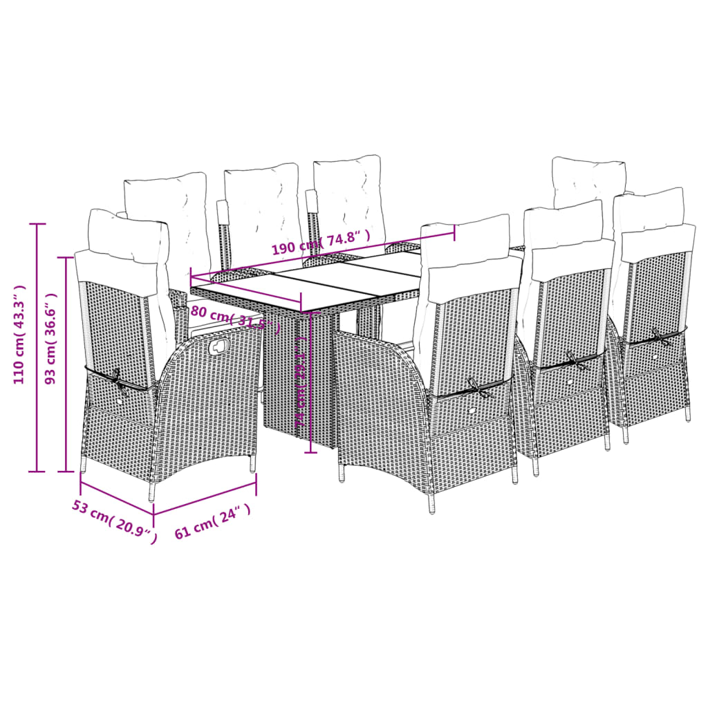 9 Piece Garden Dining Set with Cushions Black Poly Rattan