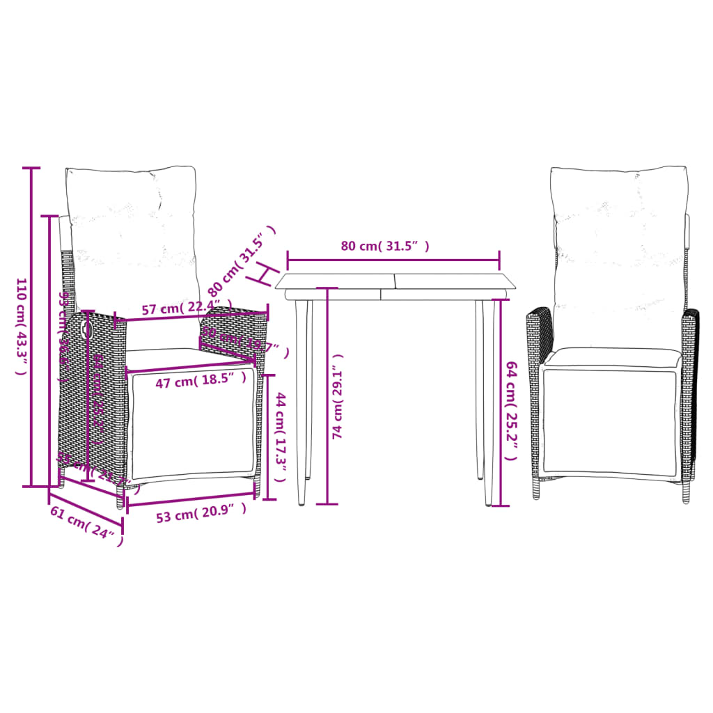 3 Piece Garden Dining Set with Cushions Black Poly Rattan