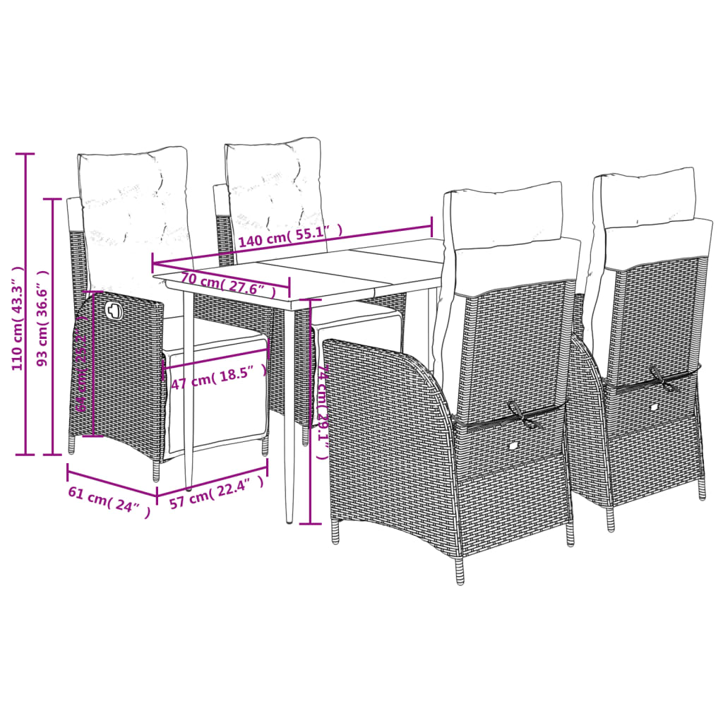5 Piece Garden Dining Set with Cushions Black Poly Rattan