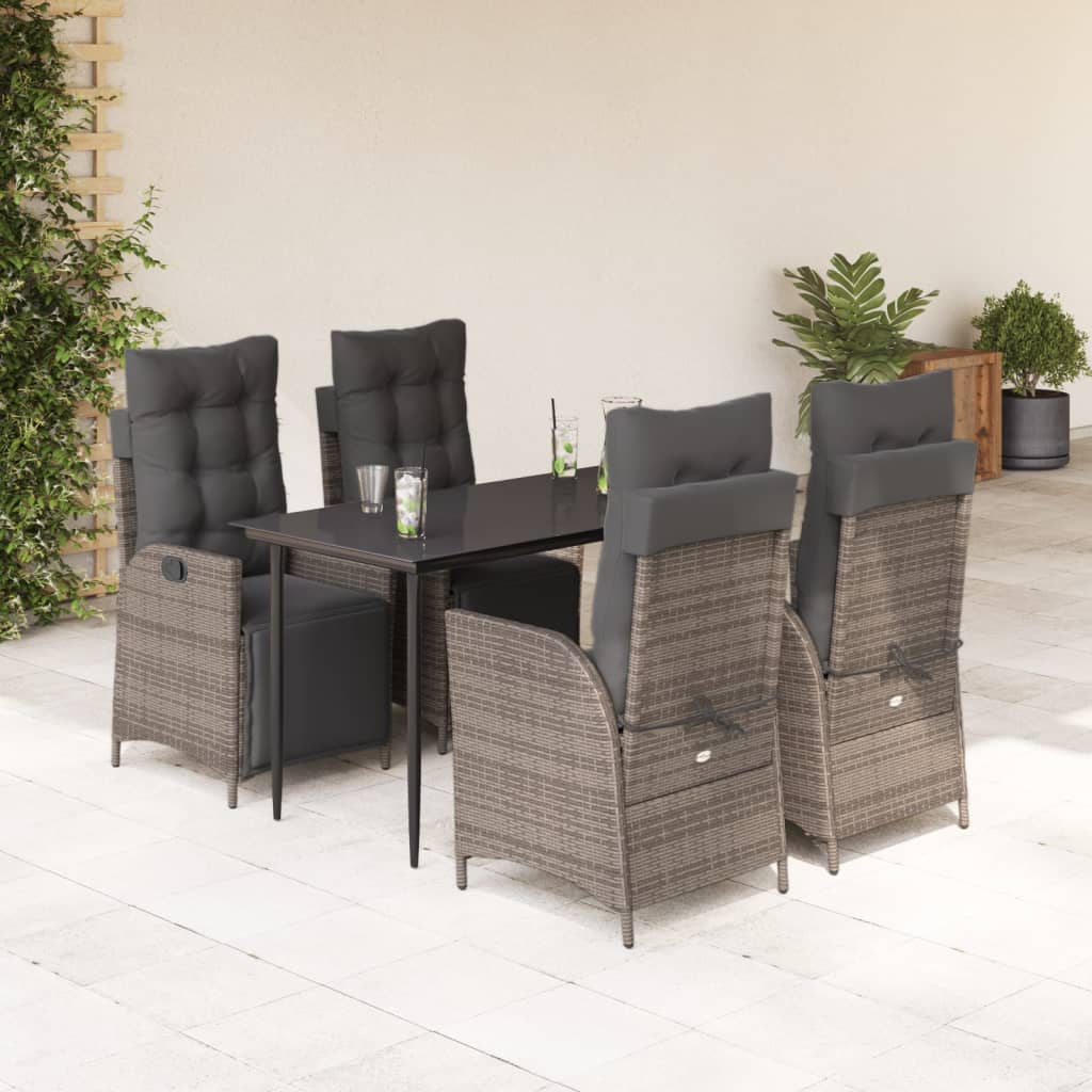 5 Piece Garden Dining Set with Cushions Grey Poly Rattan