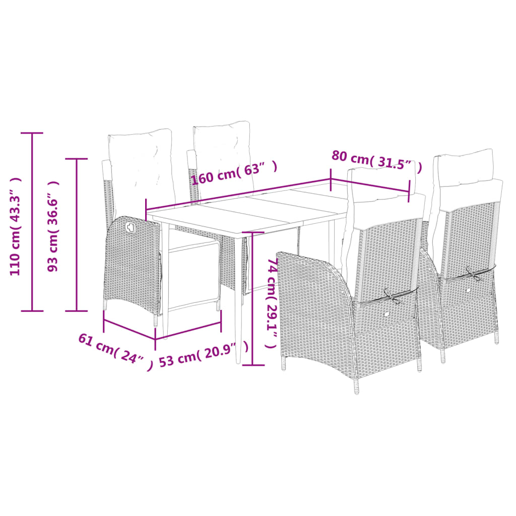 5 Piece Garden Dining Set with Cushions Grey Poly Rattan