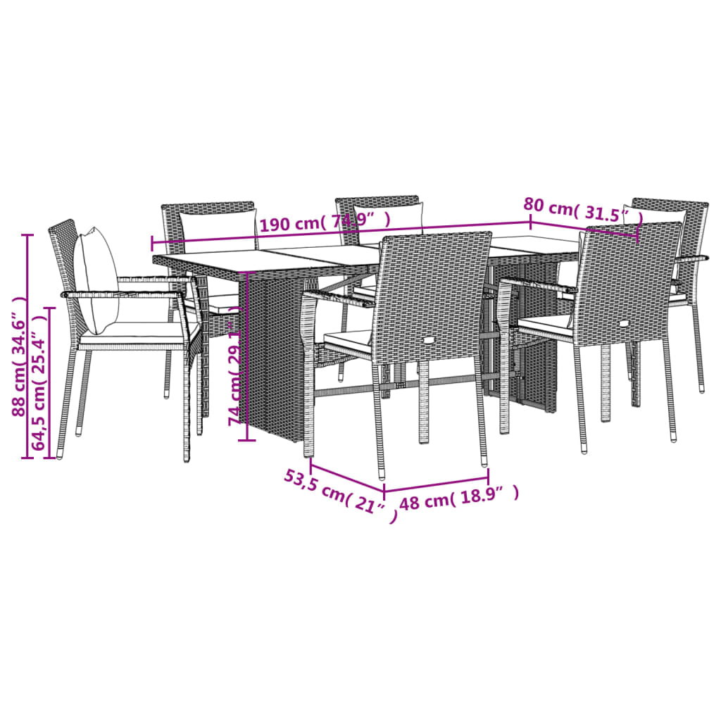 7 Piece Garden Dining Set with Cushions Grey Poly Rattan