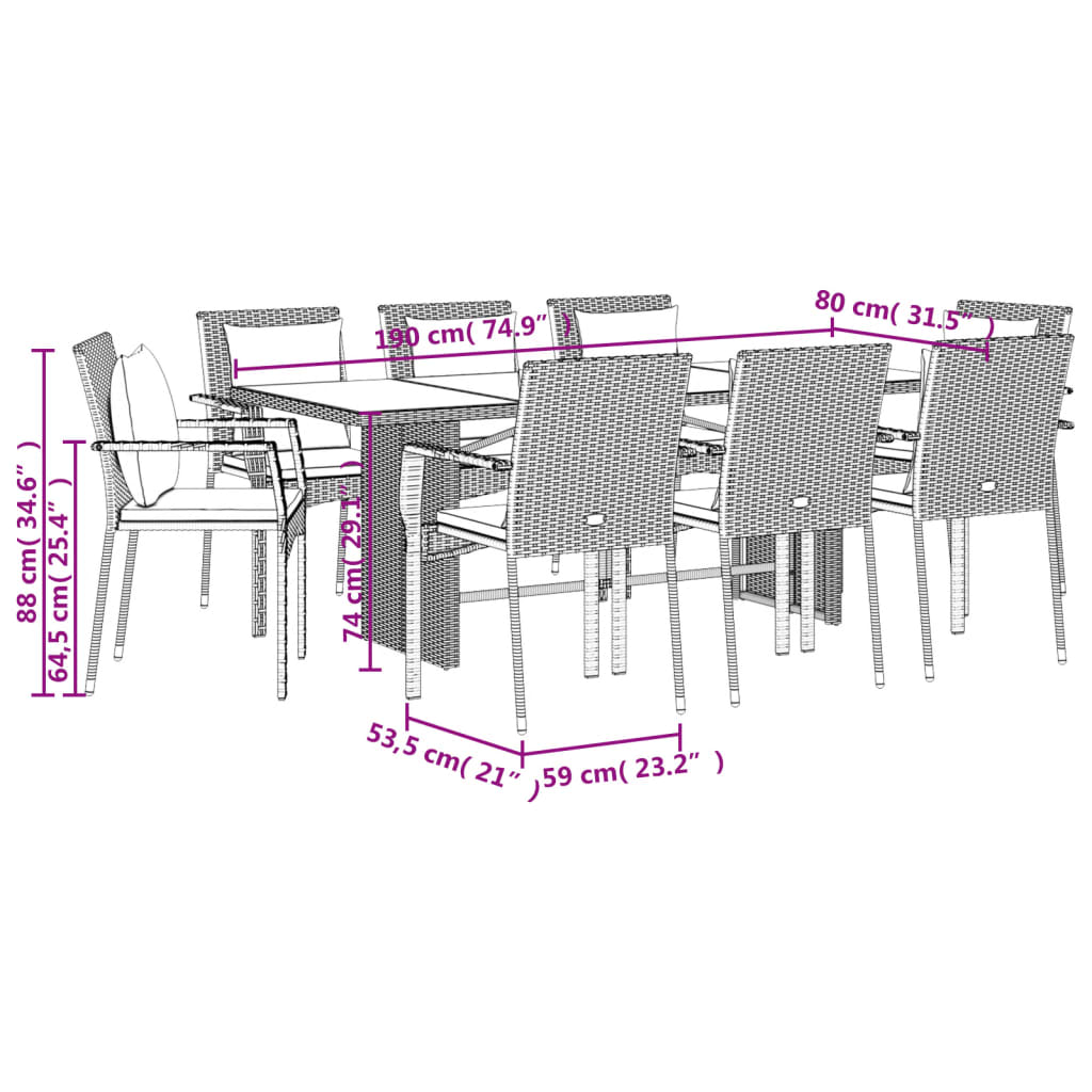 9 Piece Garden Dining Set with Cushions Grey Poly Rattan