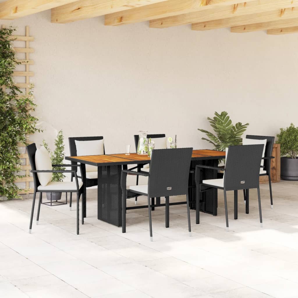 7 Piece Garden Dining Set with Cushions Black Poly Rattan