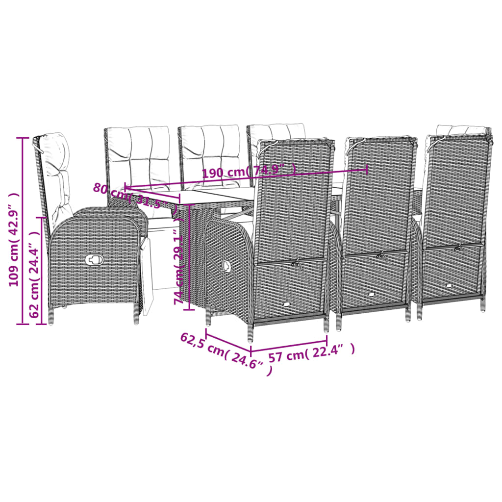 9 Piece Garden Dining Set with Cushions Grey Poly Rattan