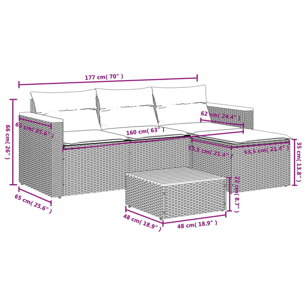 5 Piece Garden Sofa Set with Cushions Black Poly Rattan Acacia