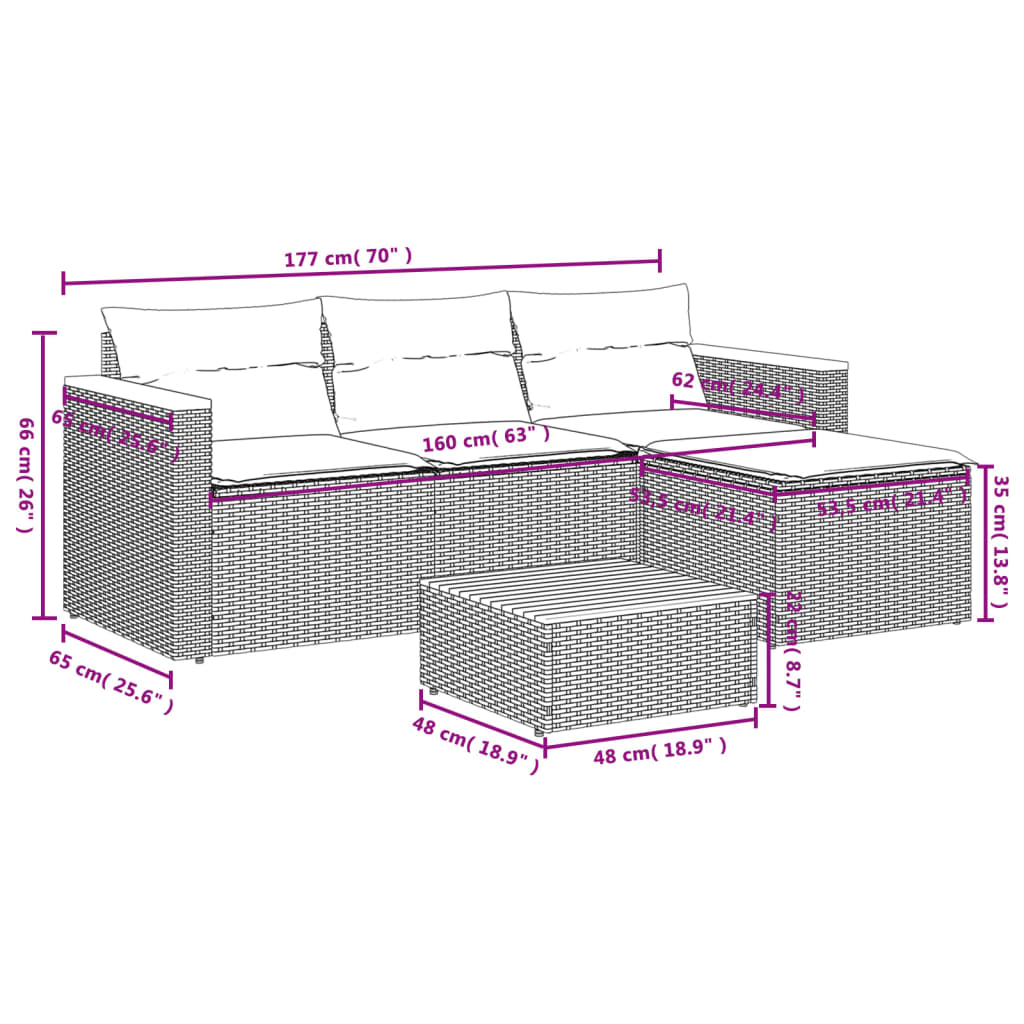 5 Piece Garden Sofa Set with Cushions Grey Poly Rattan Acacia