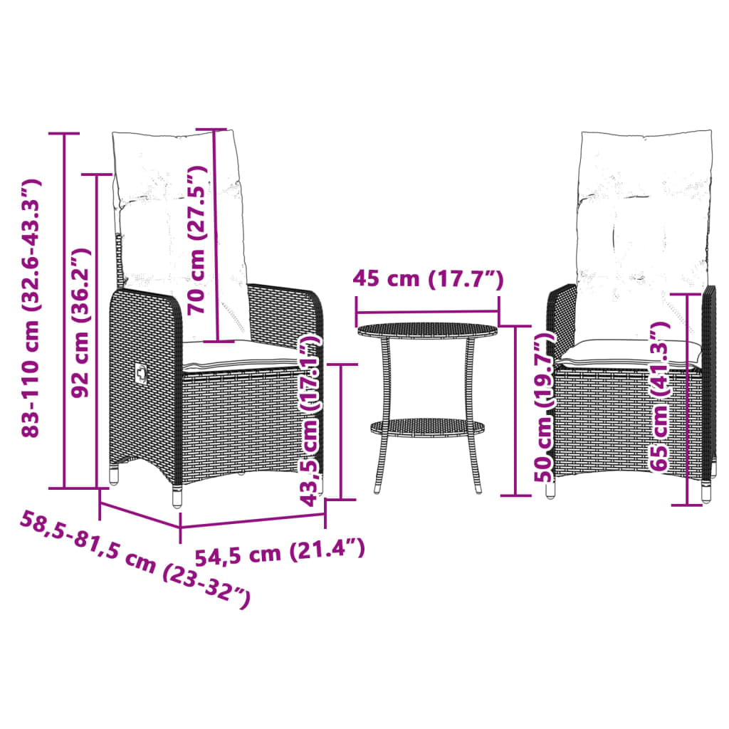 Reclining Garden Chairs 2 pcs with Table Grey Poly Rattan