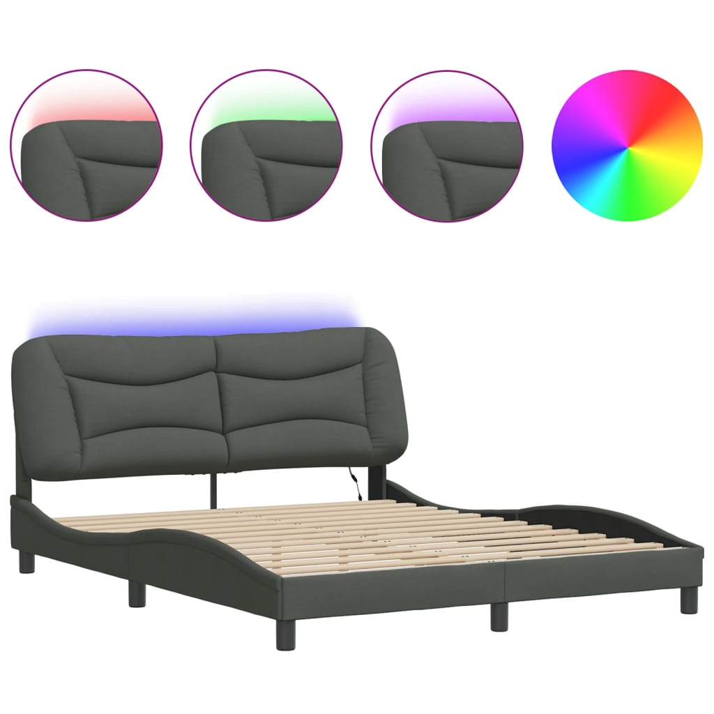 Bed Frame with LED without Mattress "Hvar" Dark Grey 152x203 cm Queen Fabric