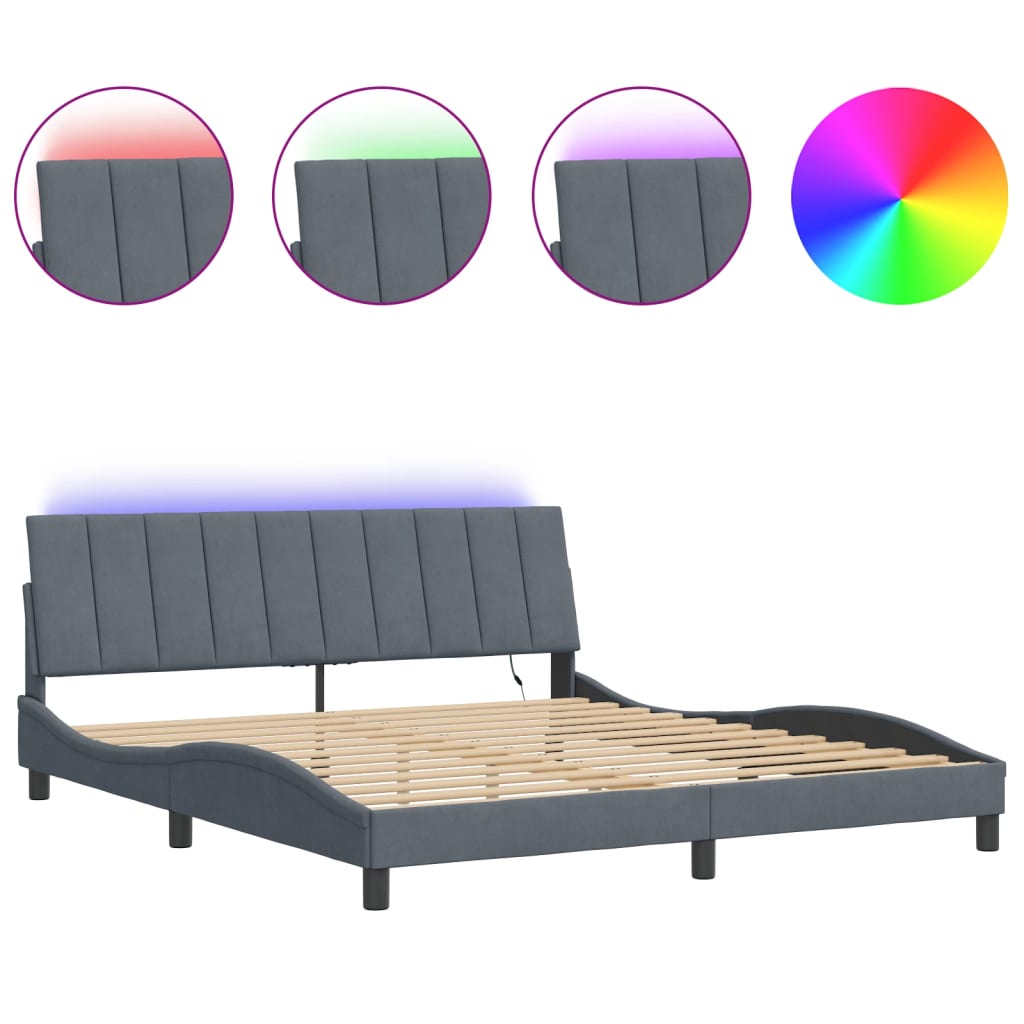 Bed Frame with LED without Mattress "Hanko" Dark Grey 180x200 cm King Velvet