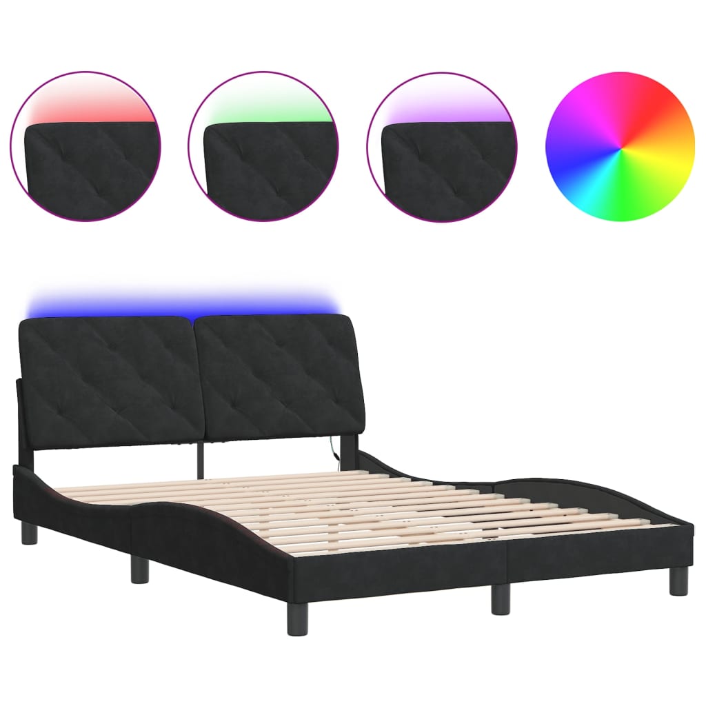 Bed Frame with LED without Mattress Black 137x190 cm Velvet