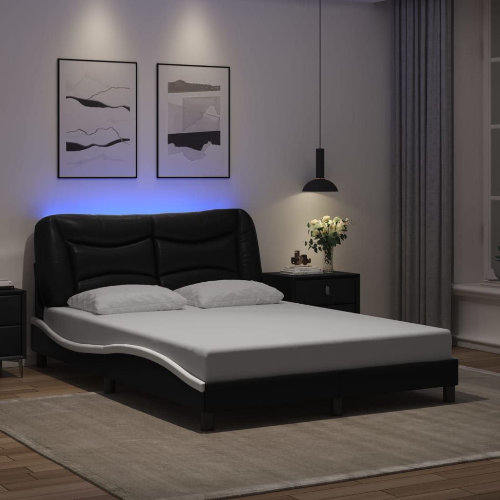 Bed Frame with LED without Mattress "Hvar" Black and White 137x190 cm